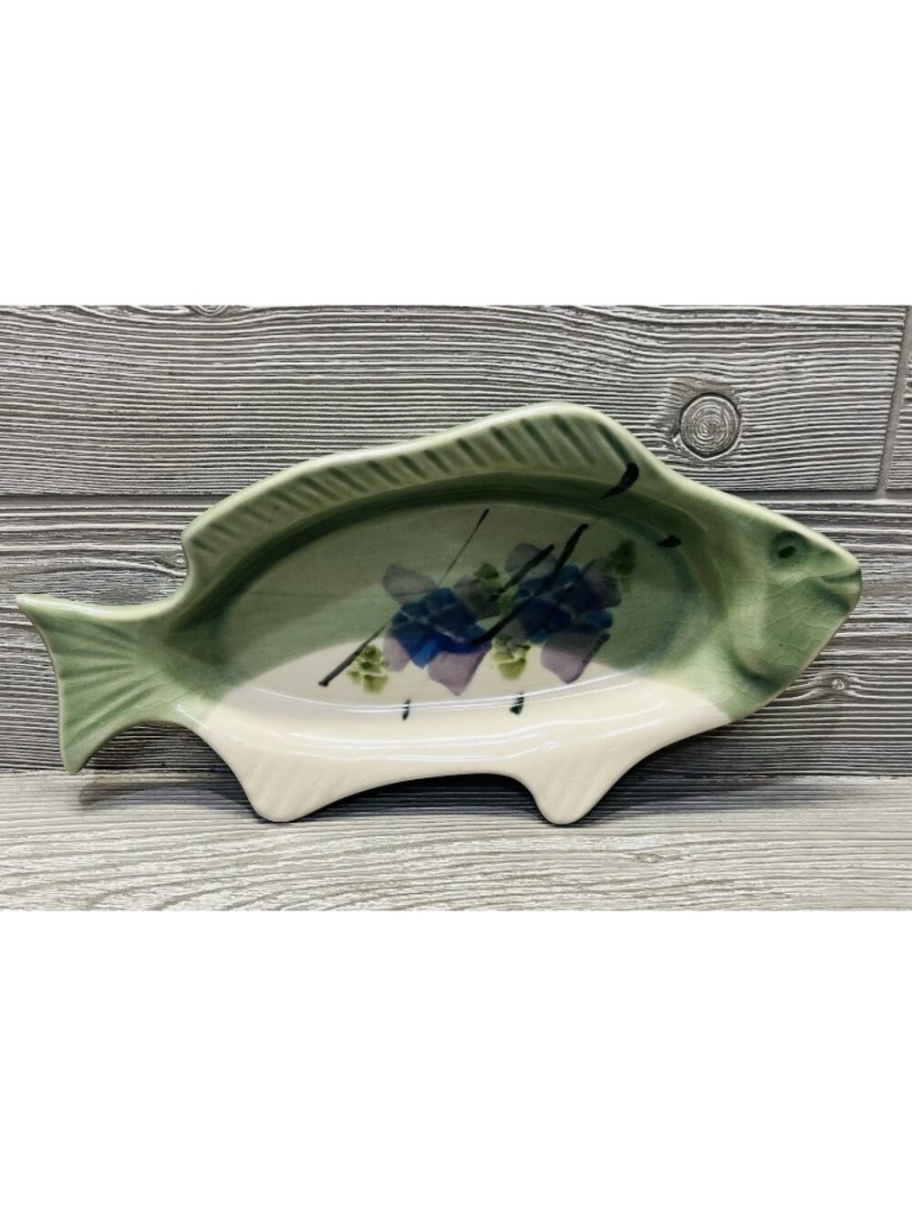 Kent Follette Asian Inspired Pottery Fish Dish Signed Green Purple Crazing